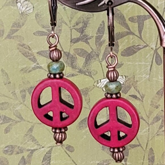Burgundy RED Howlite Peace Sign Czech Copper Earrings Brass Lever Back Earwires - Picture 3 of 9